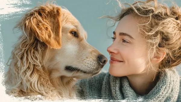 a calm confident female dog trainer gently